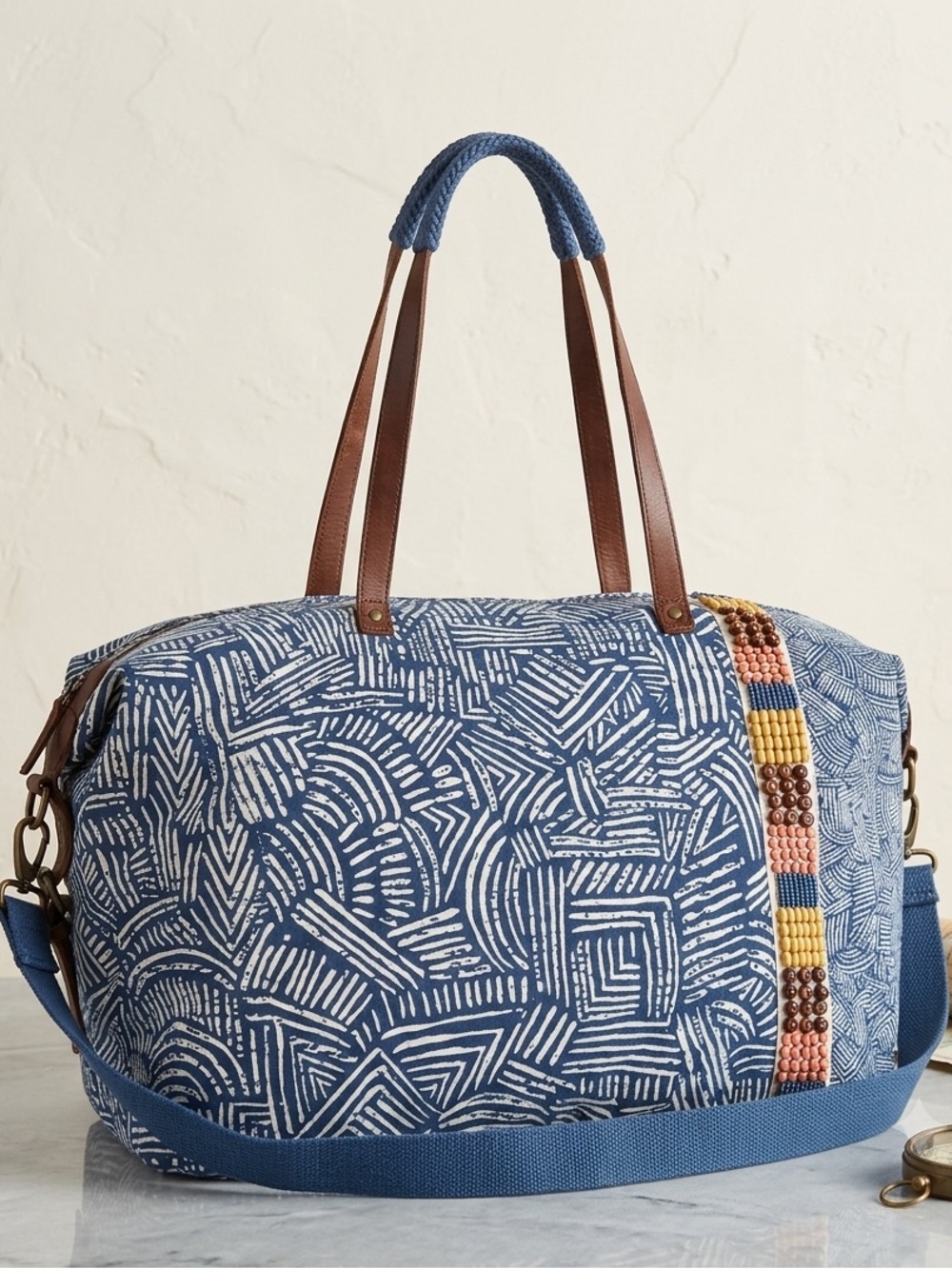 Anthropologie Jasper & Jeera Teresa Weekender Blue & White Leather Trims Bag - Picture 1 of 15